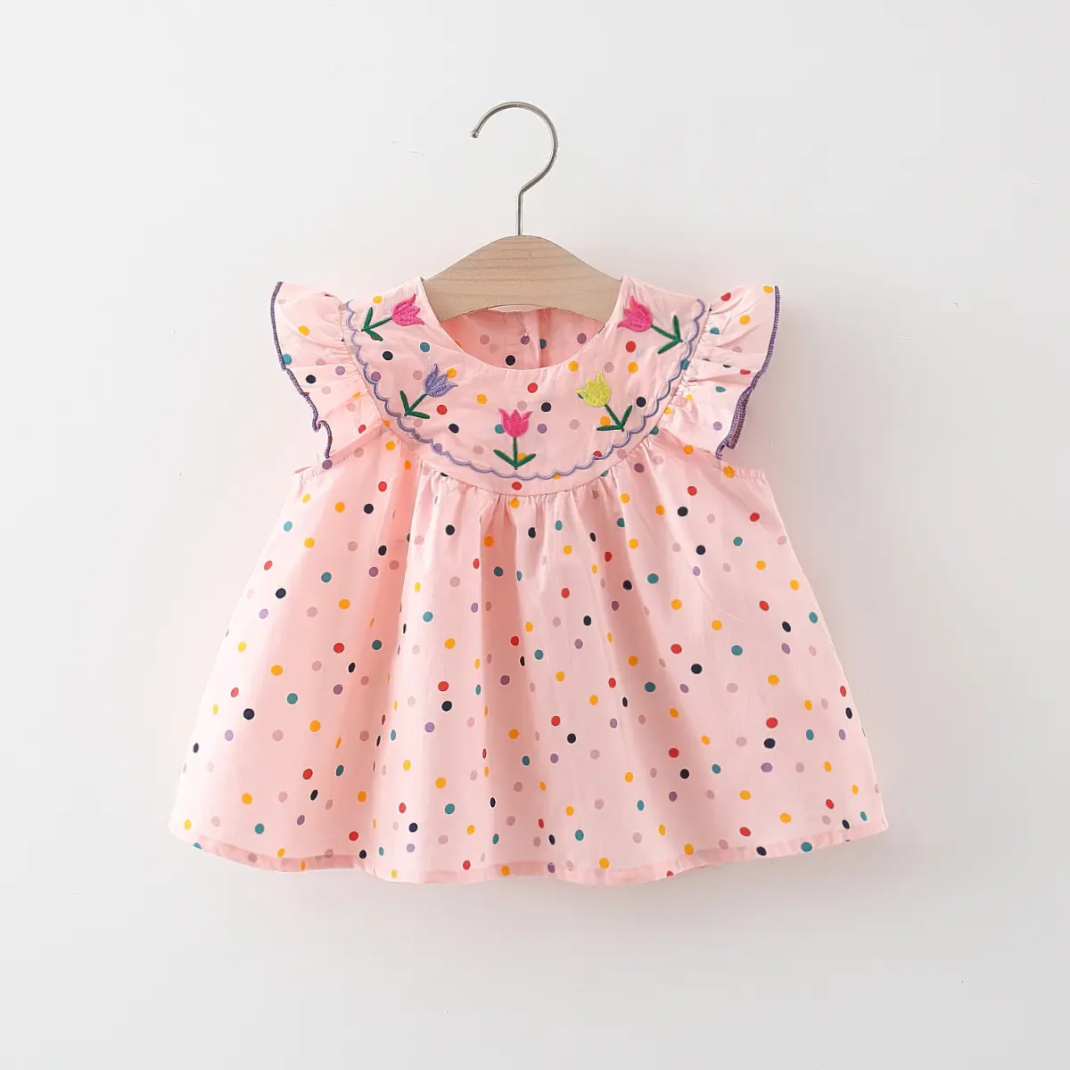 Summer New 0-3 Year Old Girl Short sleeved Dress with Flower Embroidered Colorful Dot Doll Neck Princess Dress