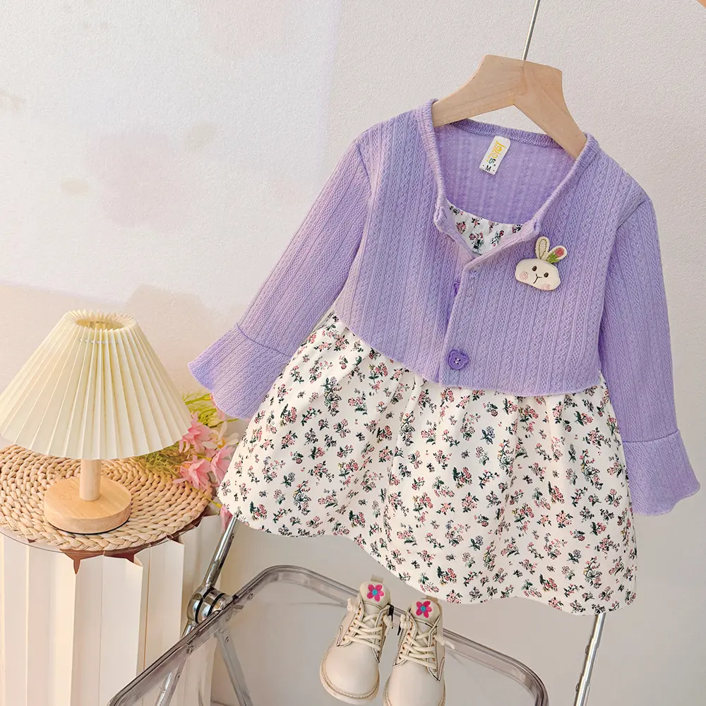 Spring And Autumn New Girl Baby Dress Sweet Rabbit Floral fake two pieces Children'S Clothing (9 Months -3 Years Old)