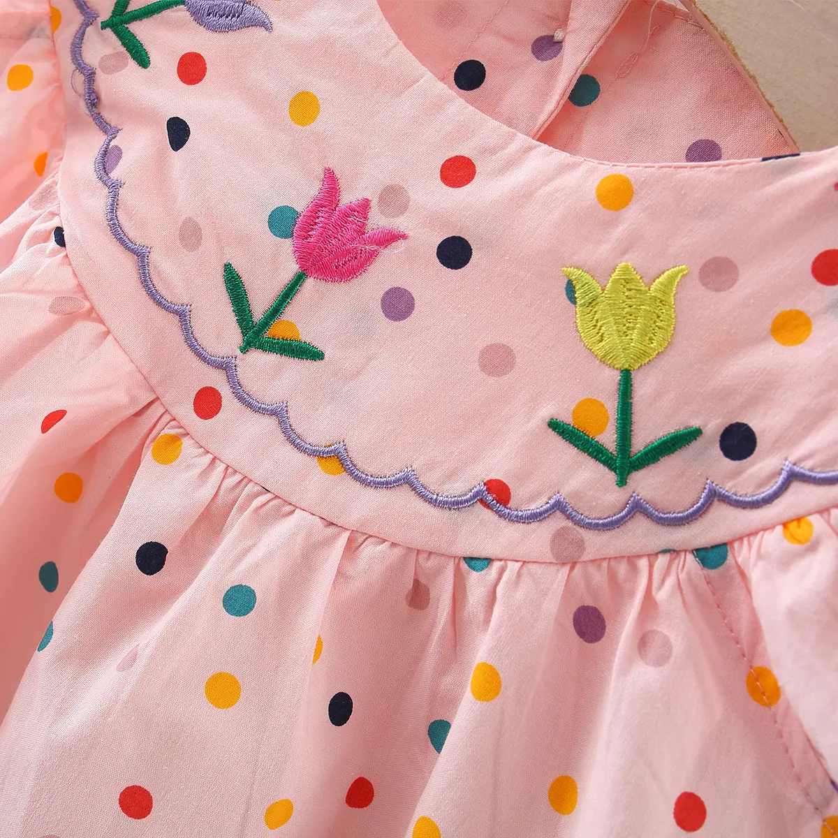Summer New 0-3 Year Old Girl Short sleeved Dress with Flower Embroidered Colorful Dot Doll Neck Princess Dress