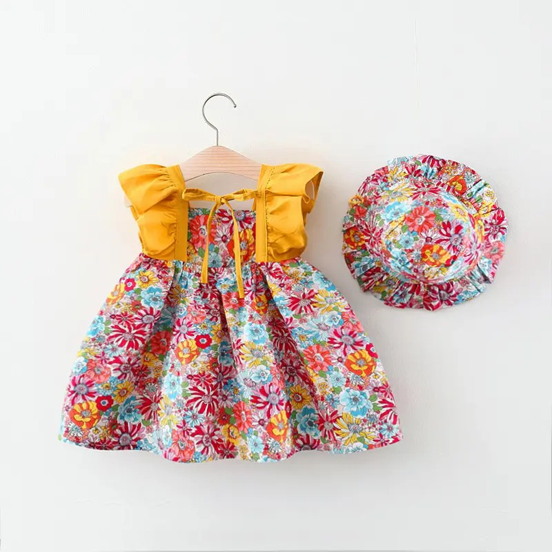 Summer girl dress and hat two-piece set baby girl wearing floral print and color blocking flying sleeve princess skirt