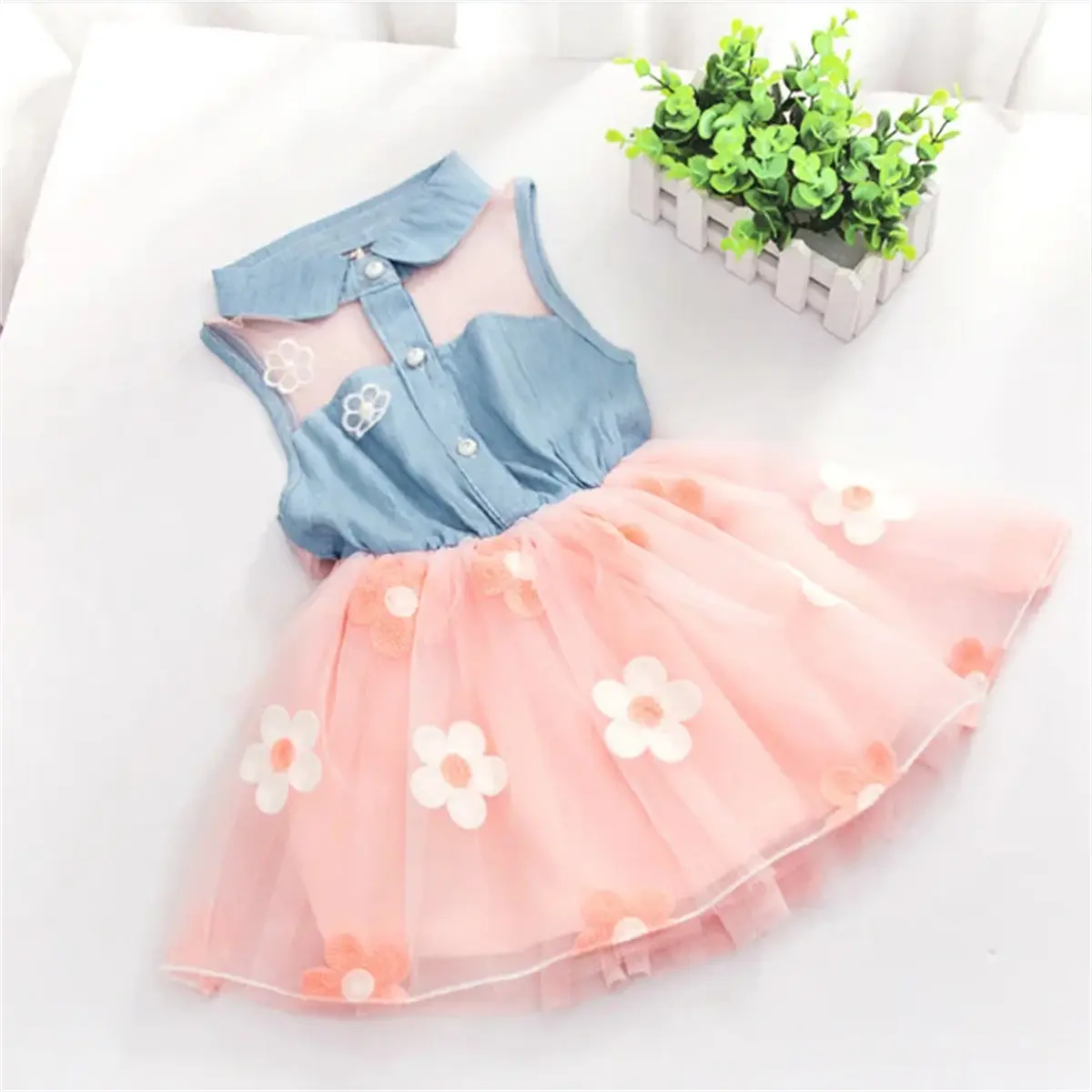 Baby Girl Princess Dress Summer Newborn Baby Girl Denim Flower Mesh Dress Children'S Birthday Party Sleeveless Clothes