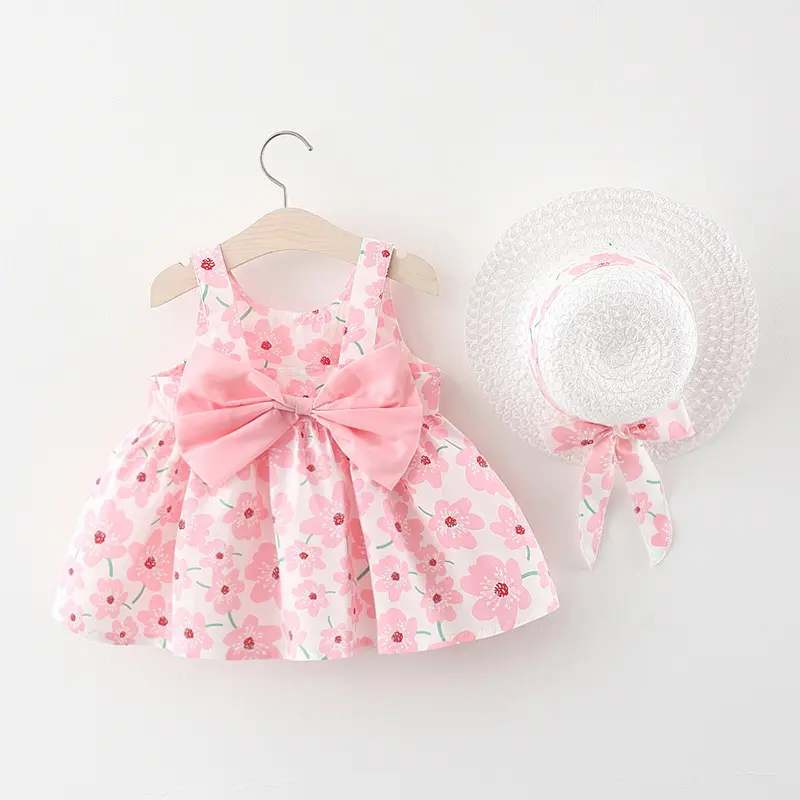 2-Piece Set Of Summer New Girls' Sleeveless Round Neck Baby Dress And Hat With Flower Print And Cute Full Print Big Bow