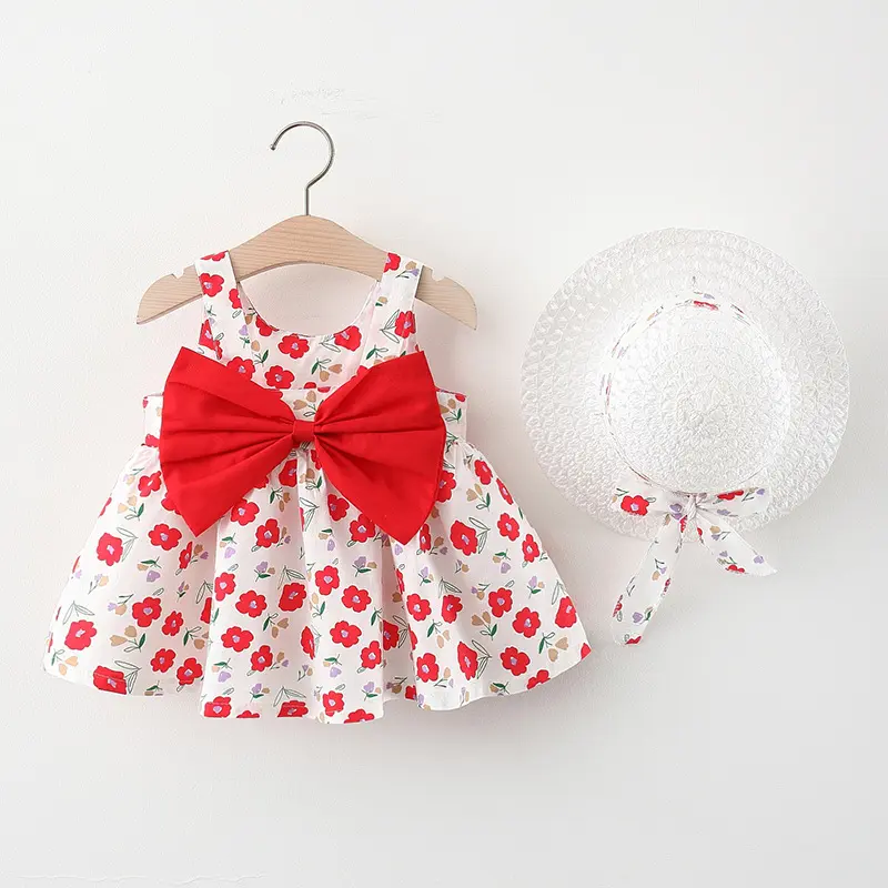 2-Piece Set Of Summer New Girls' Sleeveless Round Neck Baby Dress And Hat With Flower Print And Cute Full Print Big Bow