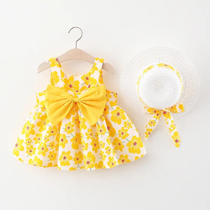 2-Piece Set Of Summer New Girls' Sleeveless Round Neck Baby Dress And Hat With Flower Print And Cute Full Print Big Bow