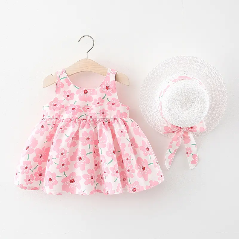 2-Piece Set Of Summer New Girls' Sleeveless Round Neck Baby Dress And Hat With Flower Print And Cute Full Print Big Bow