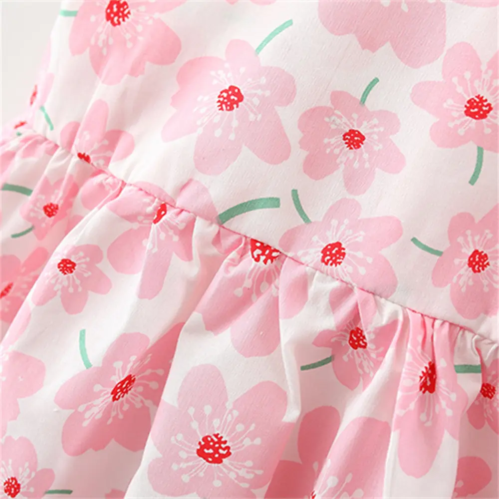 2-Piece Set Of Summer New Girls' Sleeveless Round Neck Baby Dress And Hat With Flower Print And Cute Full Print Big Bow
