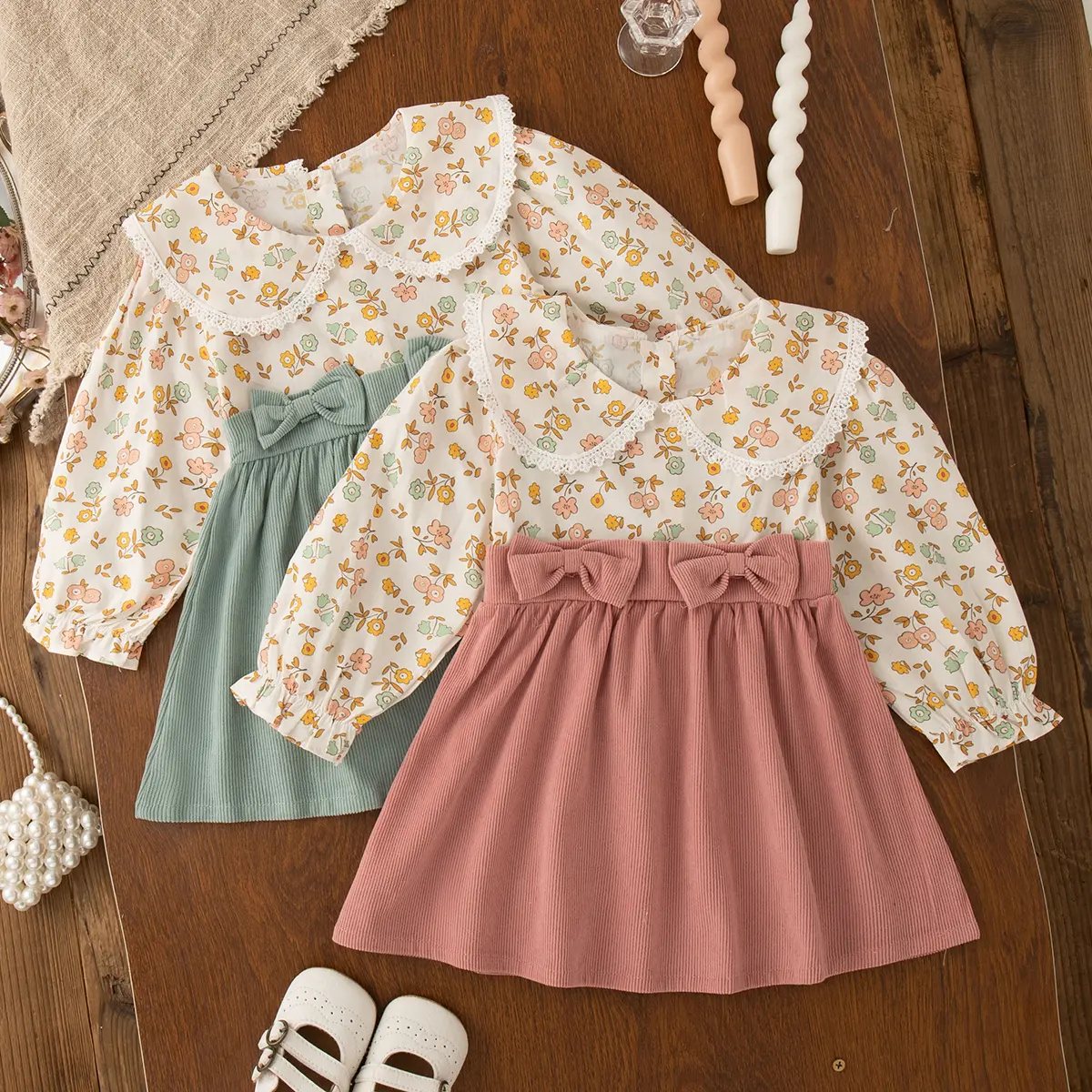 Baby Dress Autumn New Long Sleeved Toddler Dress Floral Print Patchwork Lapel Lace Border Sweet Bow Girl Clothes