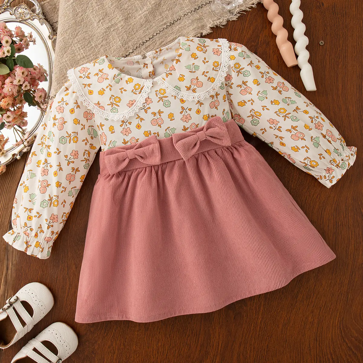 Baby Dress Autumn New Long Sleeved Toddler Dress Floral Print Patchwork Lapel Lace Border Sweet Bow Girl Clothes