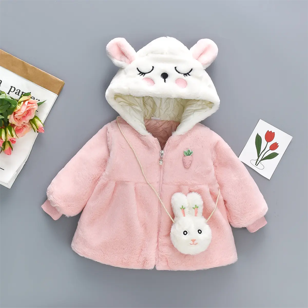 Winter Artificial Fur And Cotton Girls' Coat 2-Piece Set Of Children'S Cartoon Hooded Zipper Filled Cotton Coat+Rabbit Bag