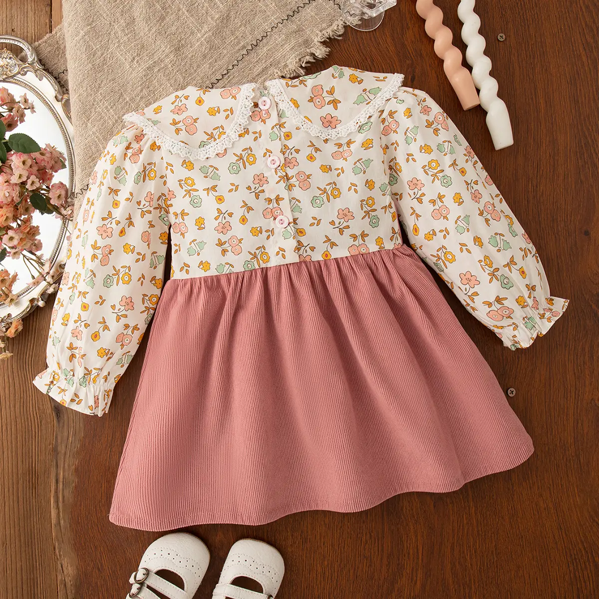 Baby Dress Autumn New Long Sleeved Toddler Dress Floral Print Patchwork Lapel Lace Border Sweet Bow Girl Clothes