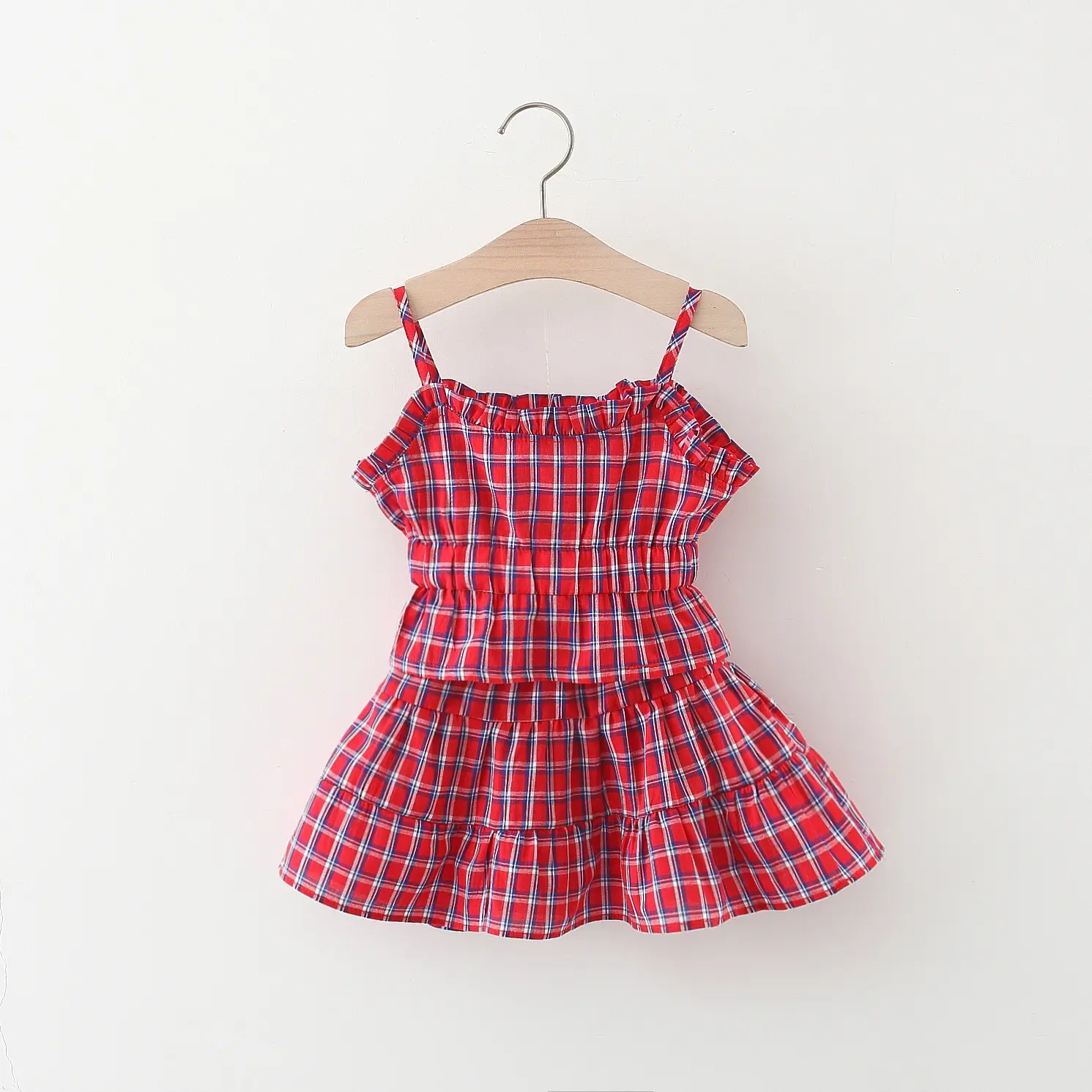 2/piece set of girl suspender skirt for summer baby girl full grid lace suspender top+skirt set