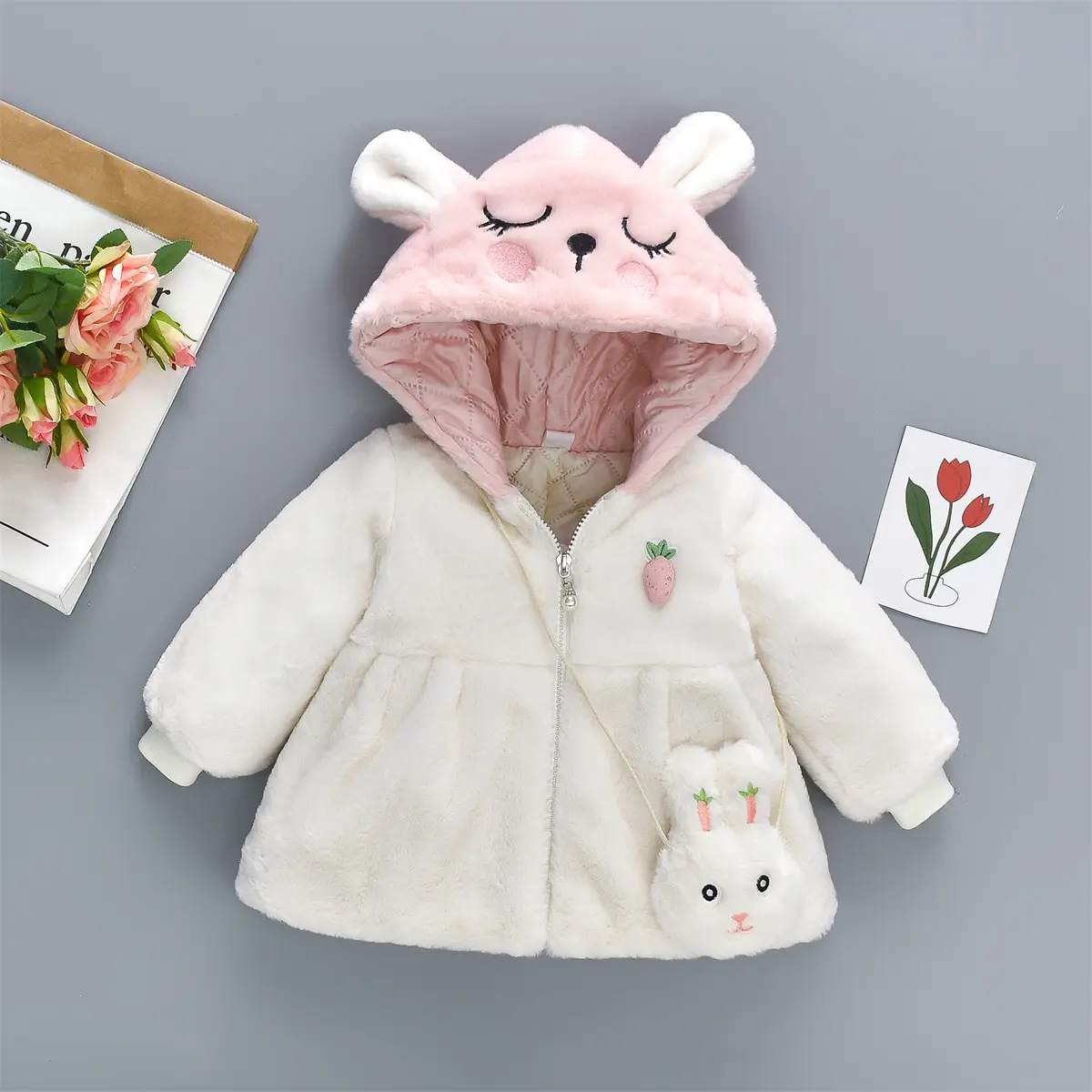 Winter Artificial Fur And Cotton Girls' Coat 2-Piece Set Of Children'S Cartoon Hooded Zipper Filled Cotton Coat+Rabbit Bag
