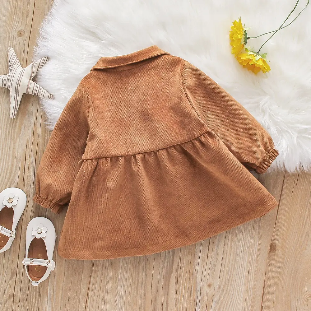 Spring and Autumn Baby Girl's Solid Color Single breasted Collar Cartoon Long Sleeve Corduroy Jacket Casual Top