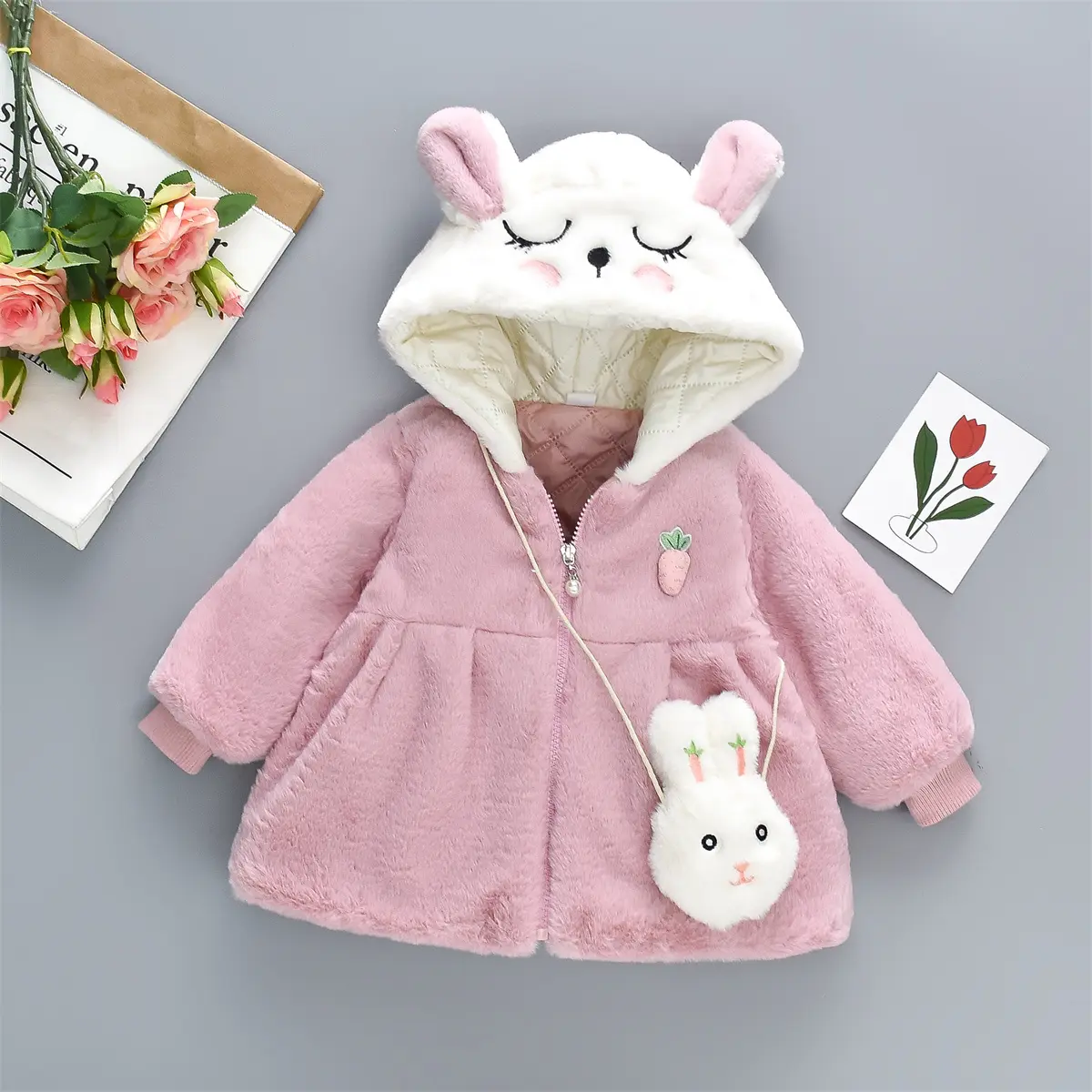 Winter Artificial Fur And Cotton Girls' Coat 2-Piece Set Of Children'S Cartoon Hooded Zipper Filled Cotton Coat+Rabbit Bag