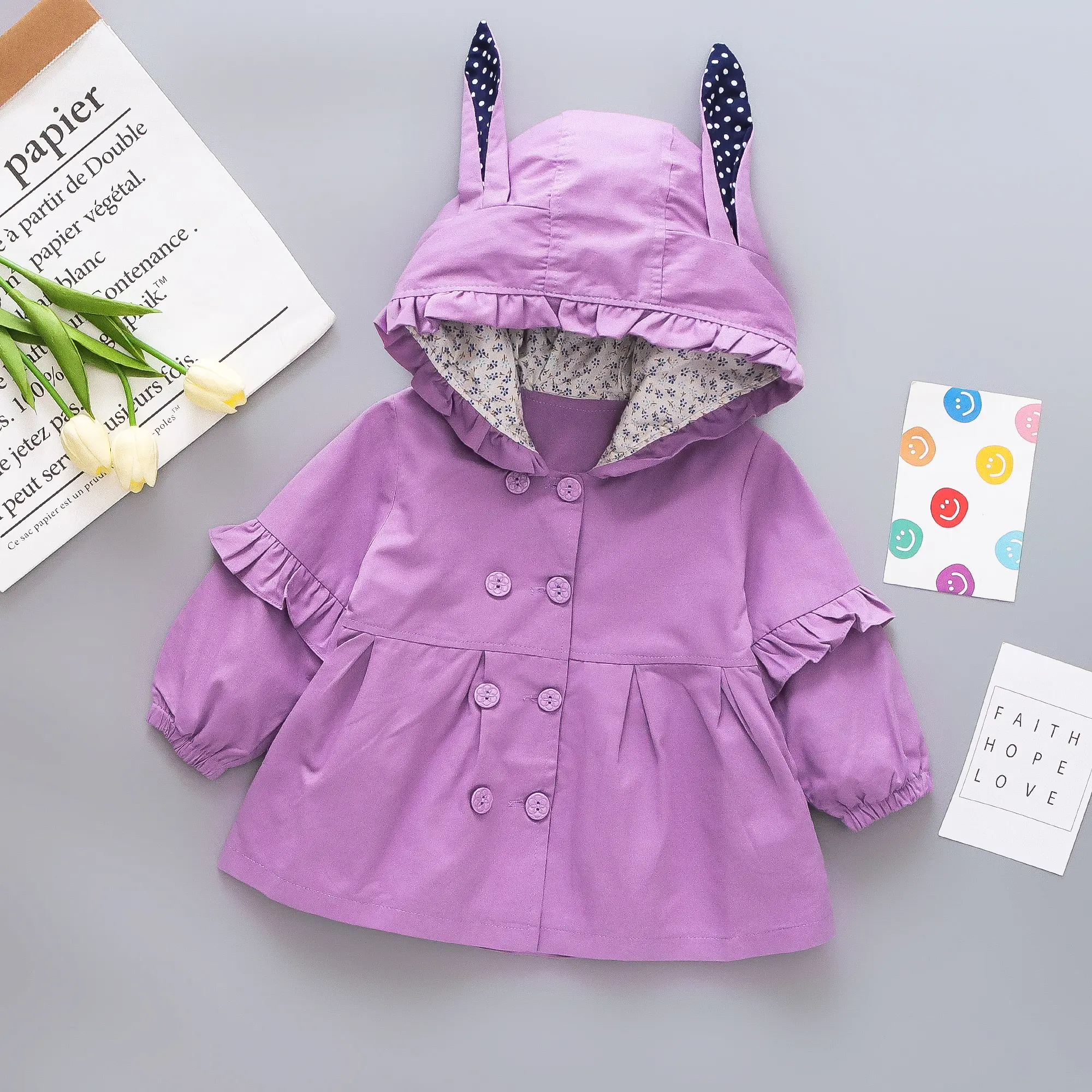 Spring and Autumn Girls' Windbreaker Solid Color Cartoon Rabbit Ear Hooded Double breasted Sweet Coat