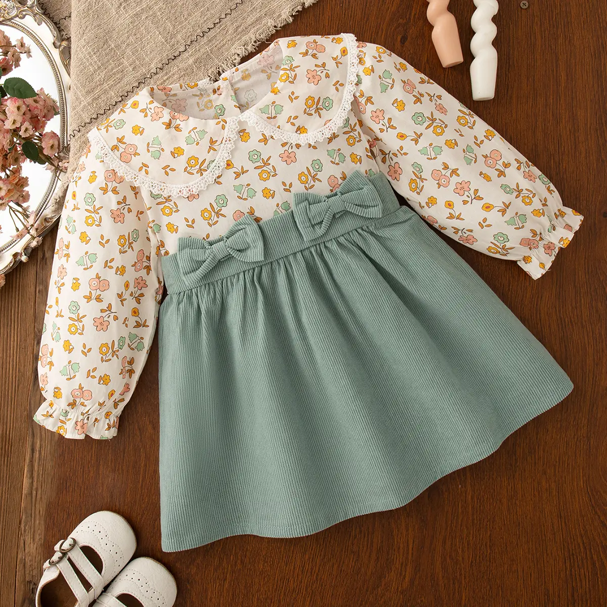 Baby Dress Autumn New Long Sleeved Toddler Dress Floral Print Patchwork Lapel Lace Border Sweet Bow Girl Clothes