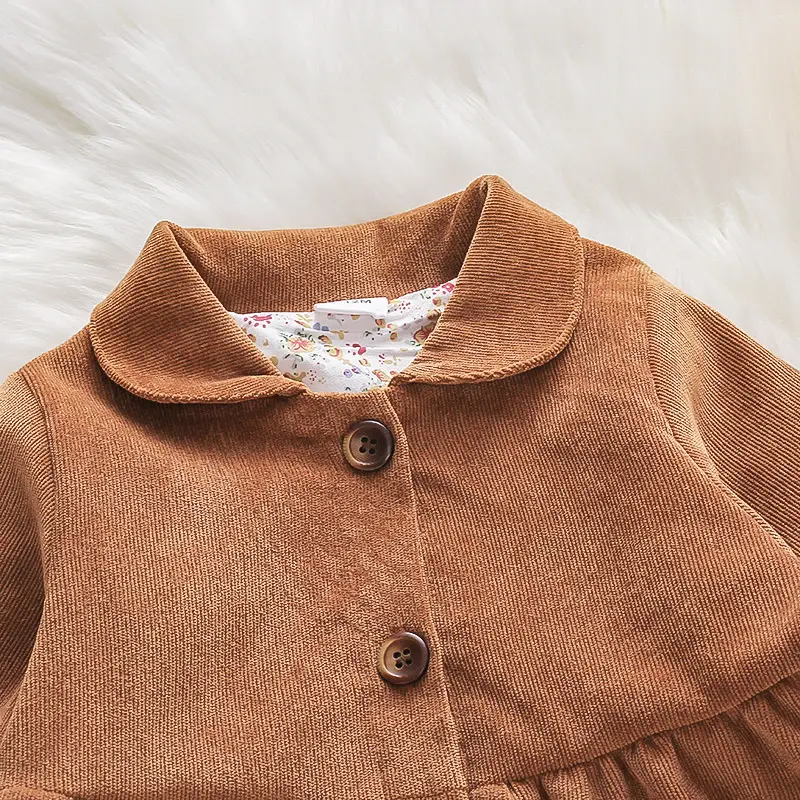 Spring and Autumn Baby Girl's Solid Color Single breasted Collar Cartoon Long Sleeve Corduroy Jacket Casual Top