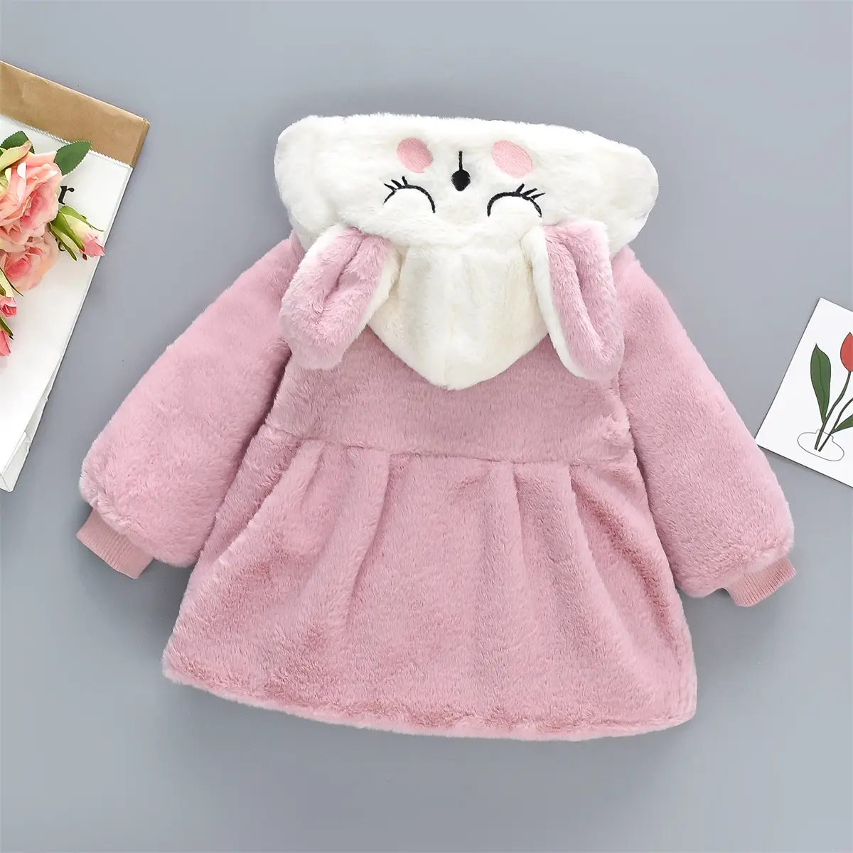 Winter Artificial Fur And Cotton Girls' Coat 2-Piece Set Of Children'S Cartoon Hooded Zipper Filled Cotton Coat+Rabbit Bag