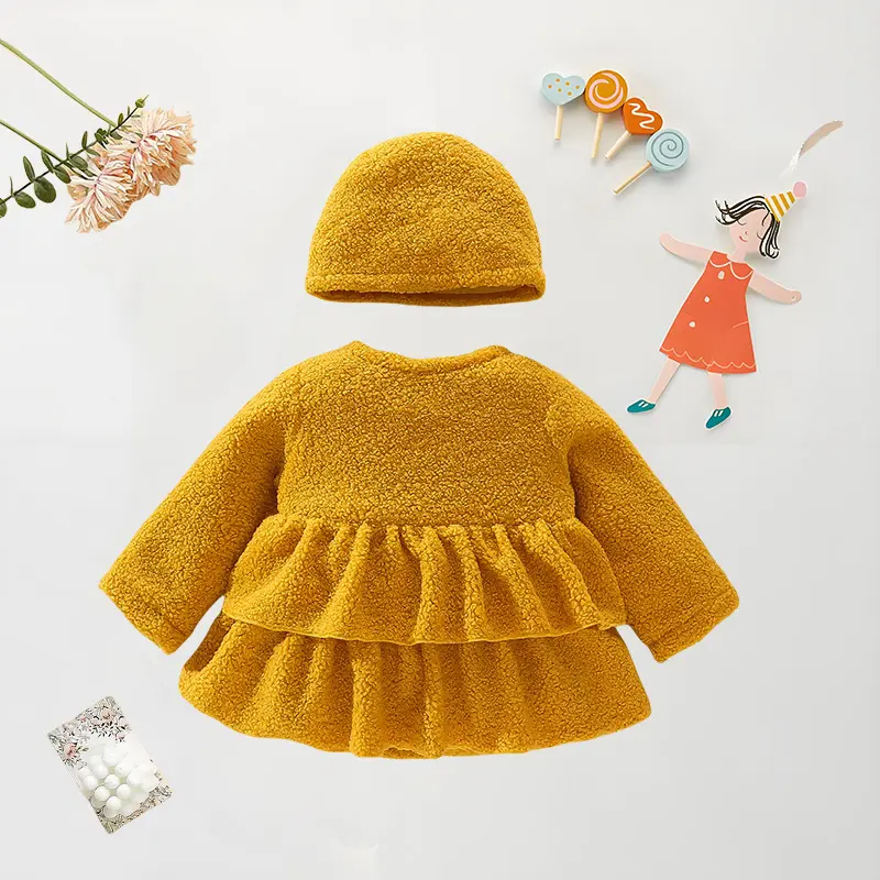 Autumn Baby Girl Coat+Hat 2 Pcs Baby Girl Particle Velvet Single Breasted Long Sleeved Coat Cute Fungus Edge Decorative Coat
