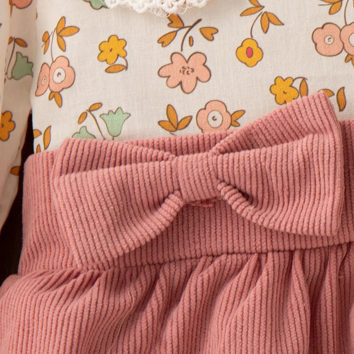 Baby Dress Autumn New Long Sleeved Toddler Dress Floral Print Patchwork Lapel Lace Border Sweet Bow Girl Clothes