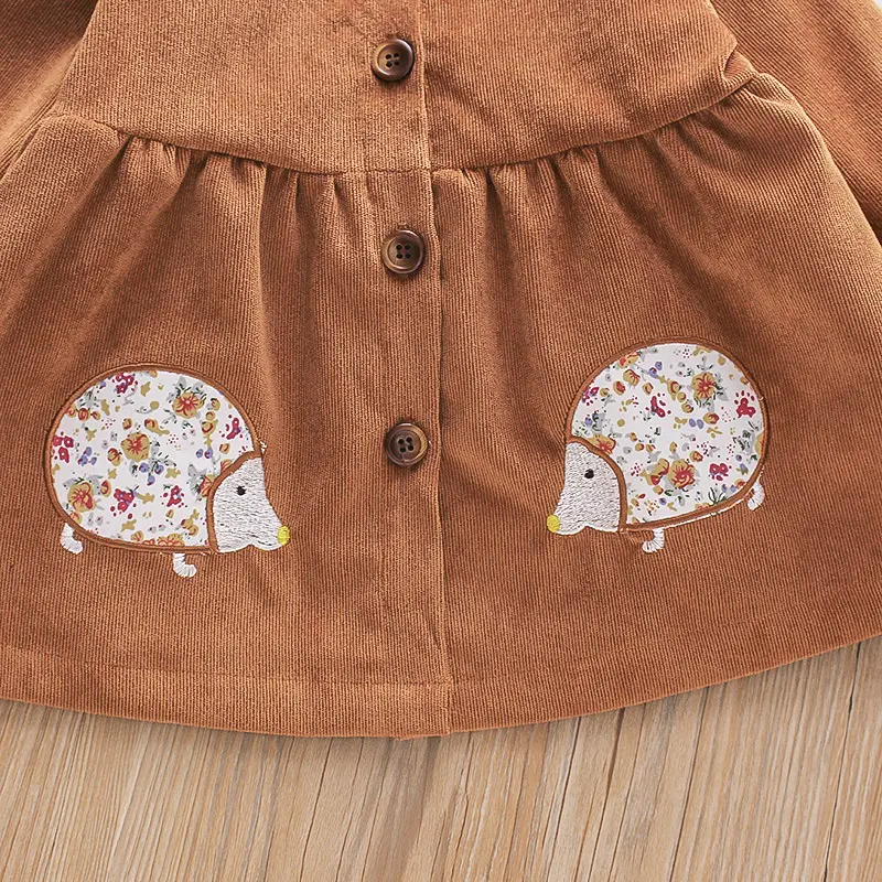 Spring and Autumn Baby Girl's Solid Color Single breasted Collar Cartoon Long Sleeve Corduroy Jacket Casual Top