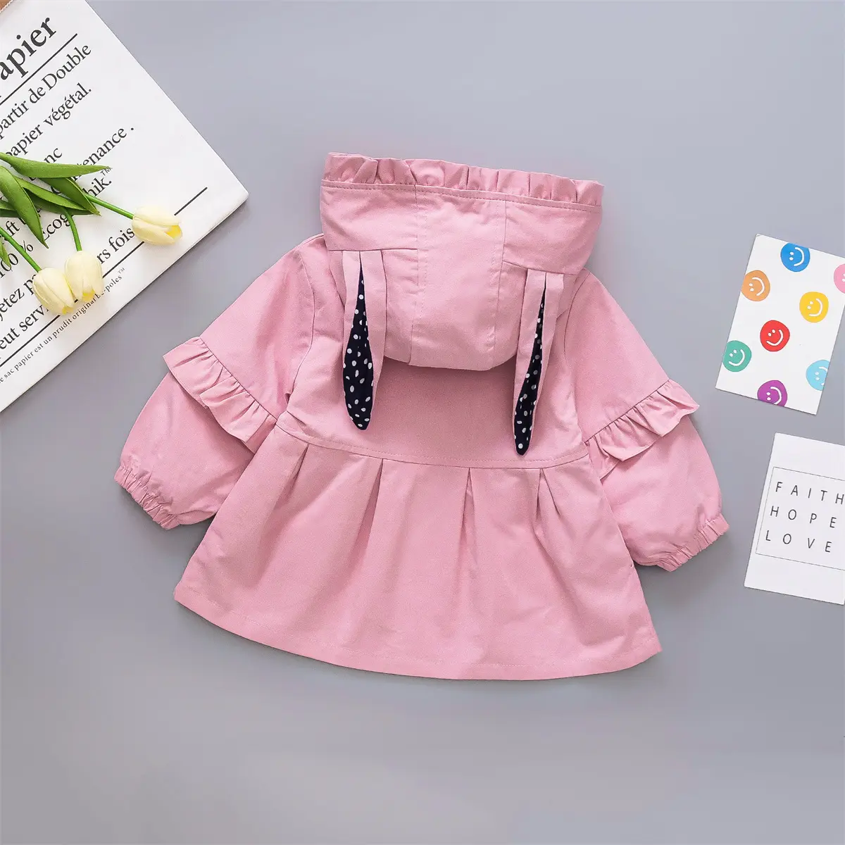 Spring and Autumn Girls' Windbreaker Solid Color Cartoon Rabbit Ear Hooded Double breasted Sweet Coat