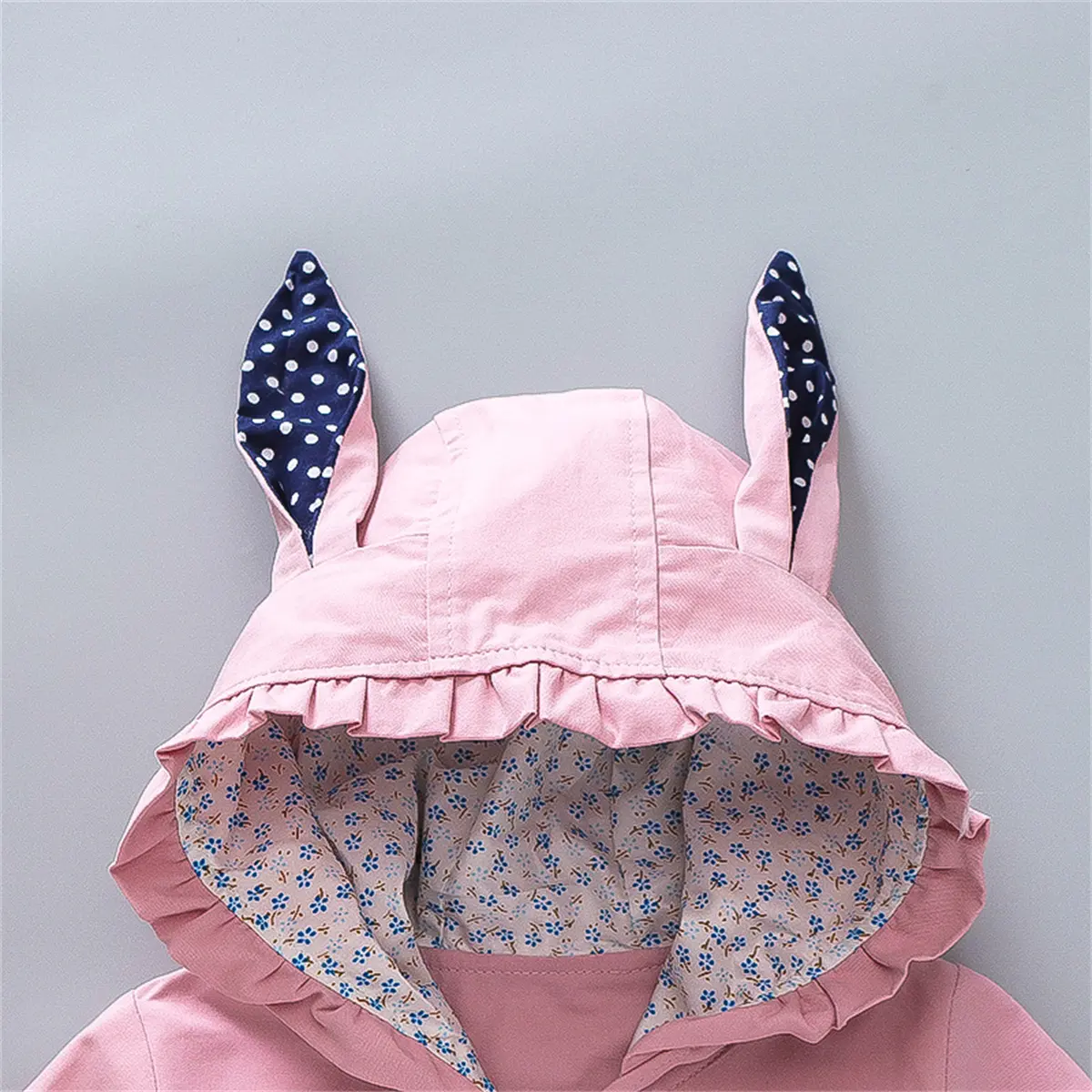 Spring and Autumn Girls' Windbreaker Solid Color Cartoon Rabbit Ear Hooded Double breasted Sweet Coat
