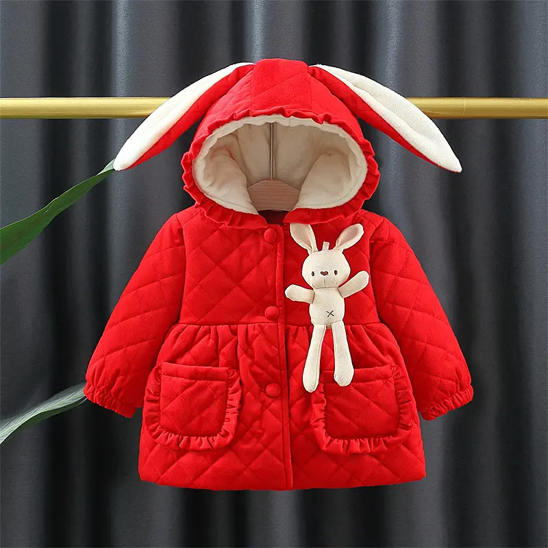 Winter 0-3 Girls' Cotton Jacket Girls' 3D Cartoon Rabbit Hooded Ears Solid Color Cute Plush Cotton Coat
