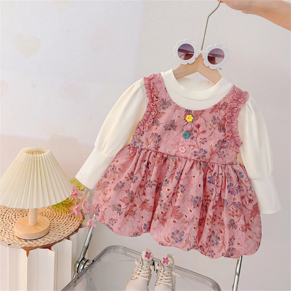 Toddler Dress Autumn New Long Sleeve Girls Dress Imitation Two Pieces Flower Printed Button Ruffle Clothes Girl