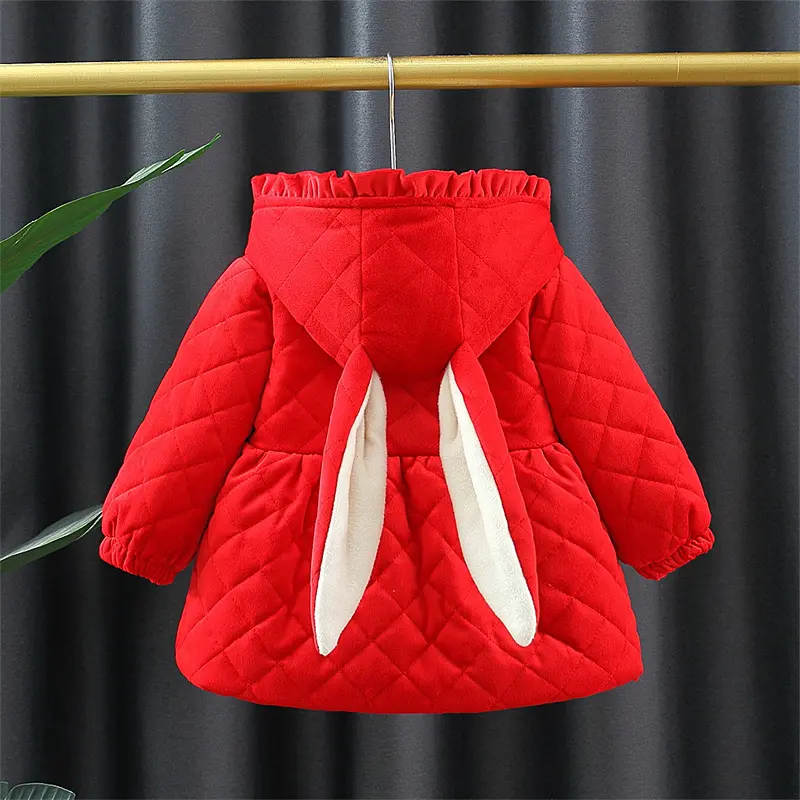 Winter 0-3 Girls' Cotton Jacket Girls' 3D Cartoon Rabbit Hooded Ears Solid Color Cute Plush Cotton Coat