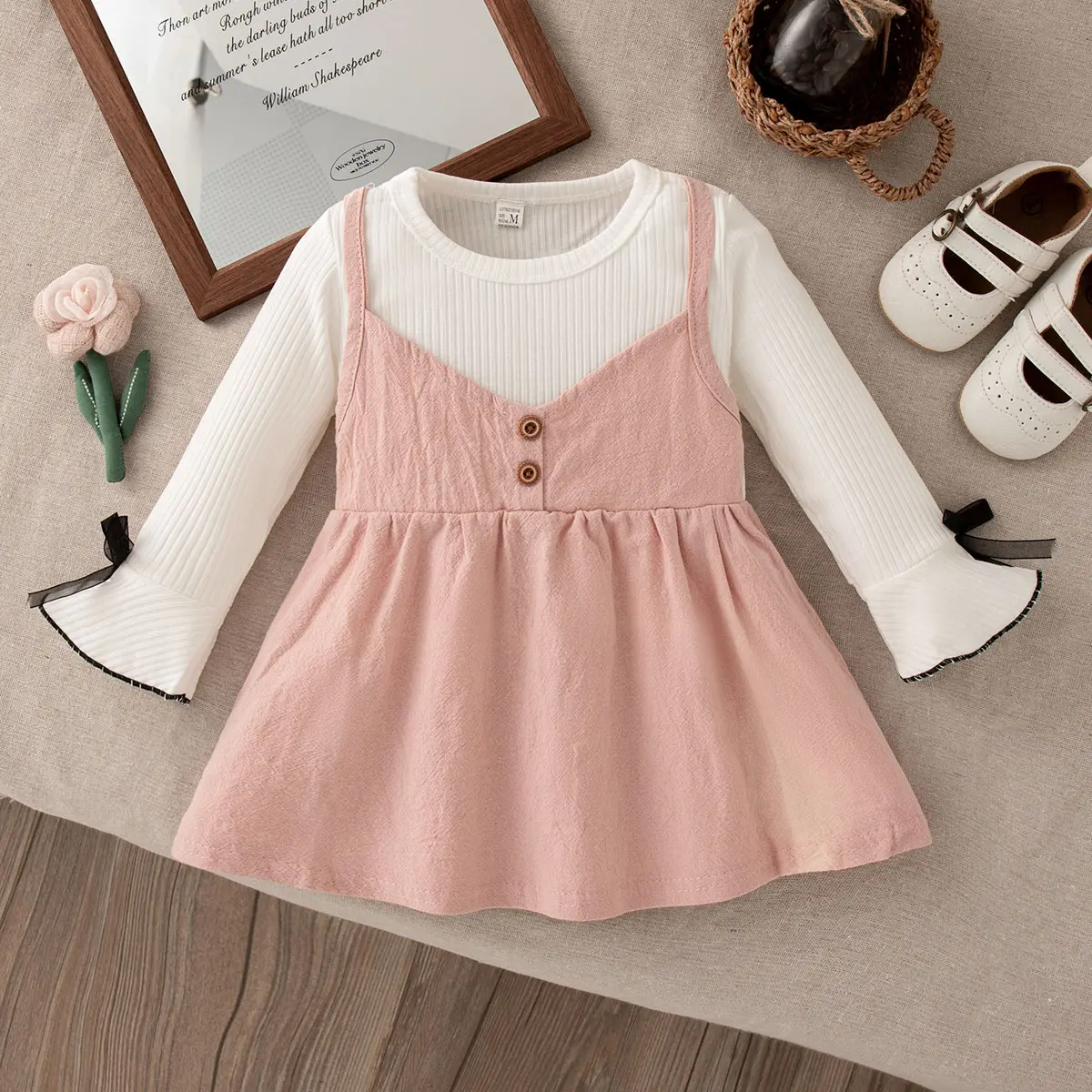 Casual Dresses For Girls Autumn New Long Sleeved Baby Dress Solid Color Button Sweet Bow Round Neck Clothes Girl