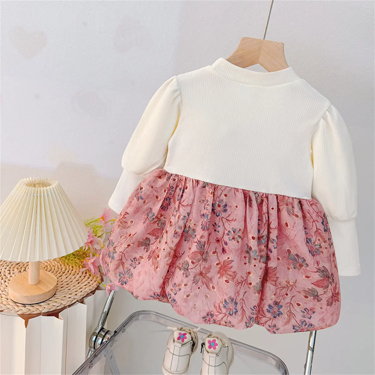 Toddler Dress Autumn New Long Sleeve Girls Dress Imitation Two Pieces Flower Printed Button Ruffle Clothes Girl