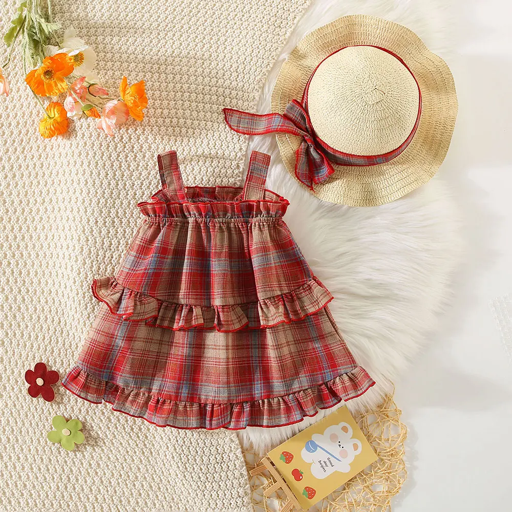 Summer 2/piece set for girls dresses hats baby girls plaid printed lace suspenders princess dresses children's dresses