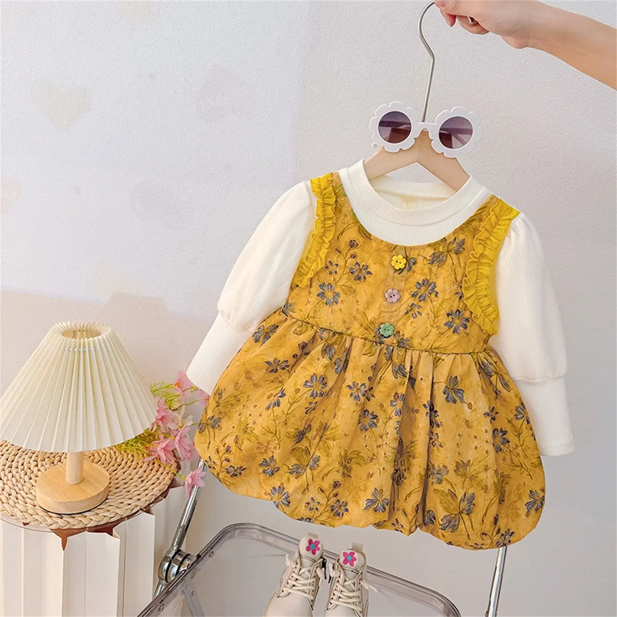 Toddler Dress Autumn New Long Sleeve Girls Dress Imitation Two Pieces Flower Printed Button Ruffle Clothes Girl