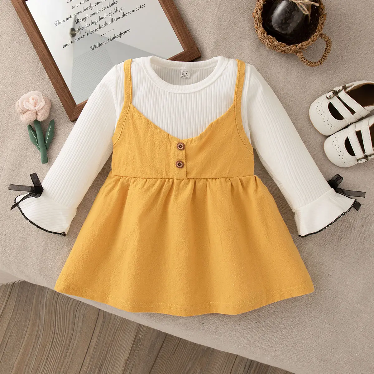 Casual Dresses For Girls Autumn New Long Sleeved Baby Dress Solid Color Button Sweet Bow Round Neck Clothes Girl