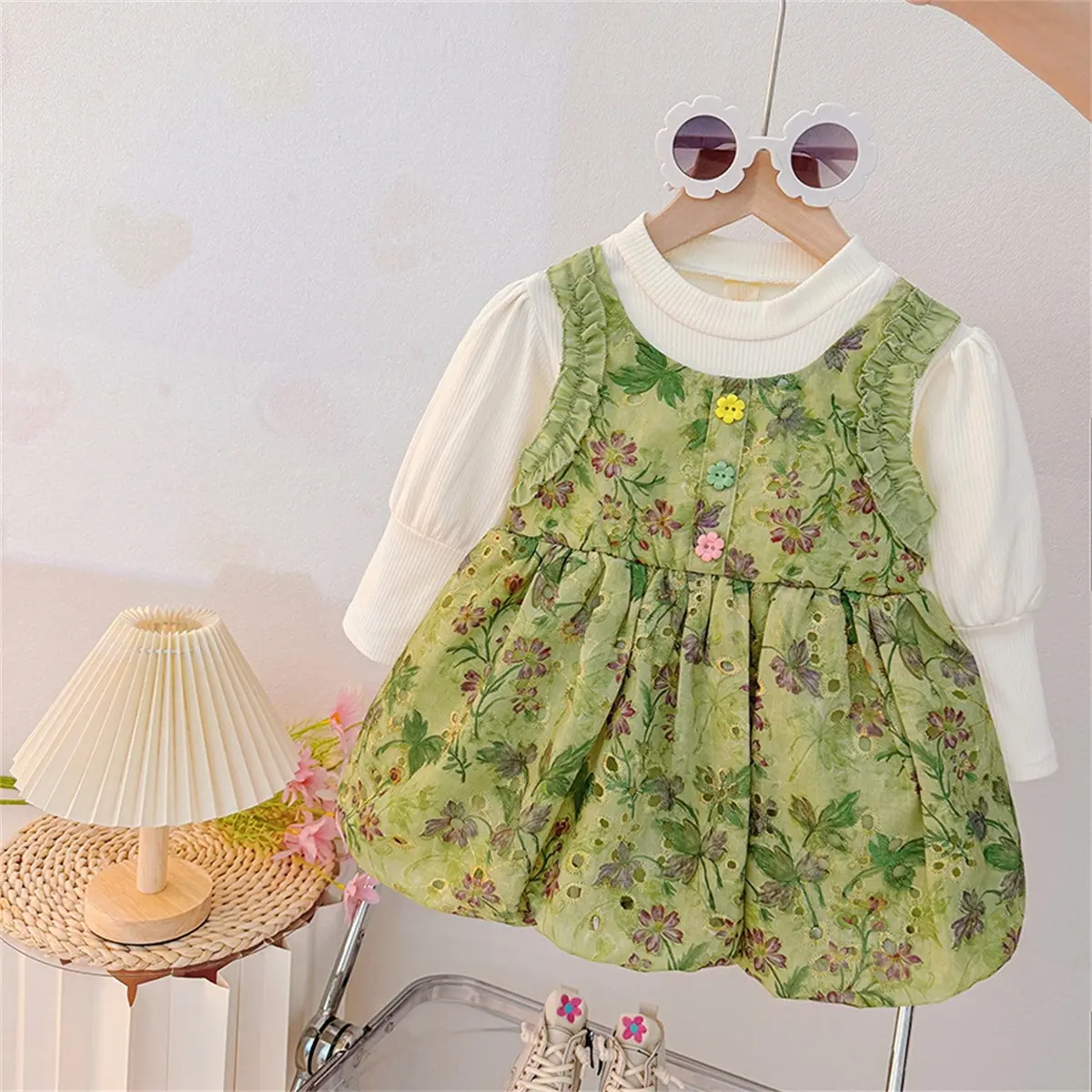 Toddler Dress Autumn New Long Sleeve Girls Dress Imitation Two Pieces Flower Printed Button Ruffle Clothes Girl