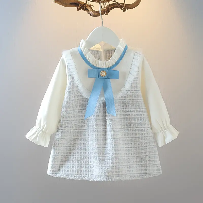 Long Sleeved Baby Girl Dress With Spring And Autumn Bow Lace Splicing Small Plaid Sweet Long Sleeved Dress