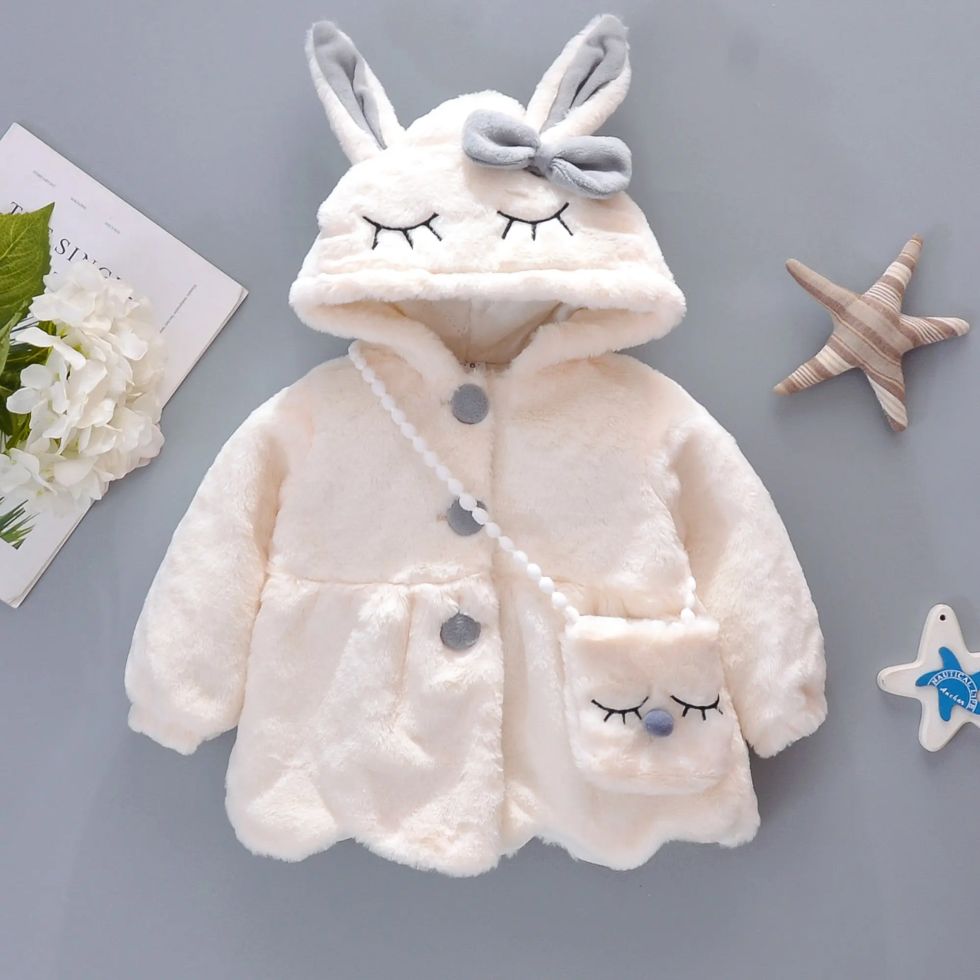Autumn and Winter New Girls' Wool Sweater Coat Children's Bow Long Ear Hooded Light Winter Yarn Thread Clip Thin Cotton Outwear