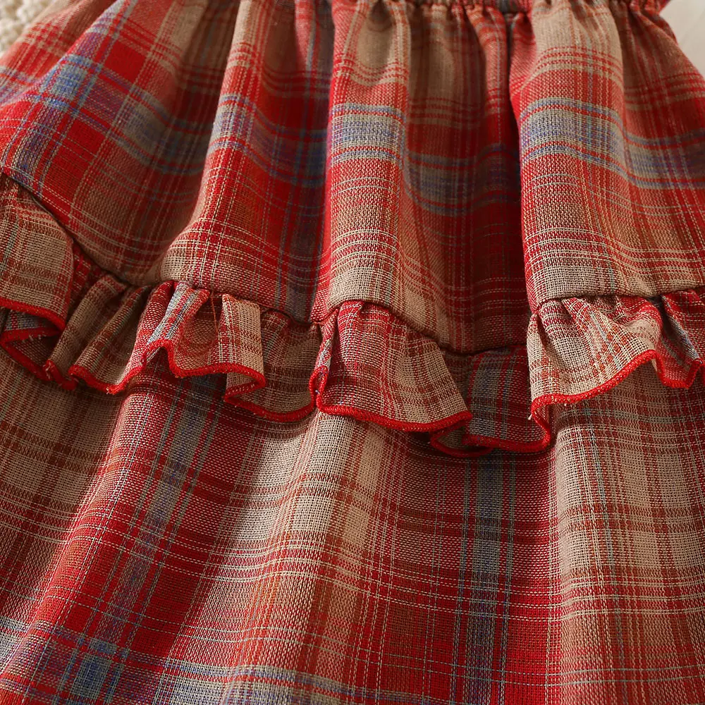 Summer 2/piece set for girls dresses hats baby girls plaid printed lace suspenders princess dresses children's dresses