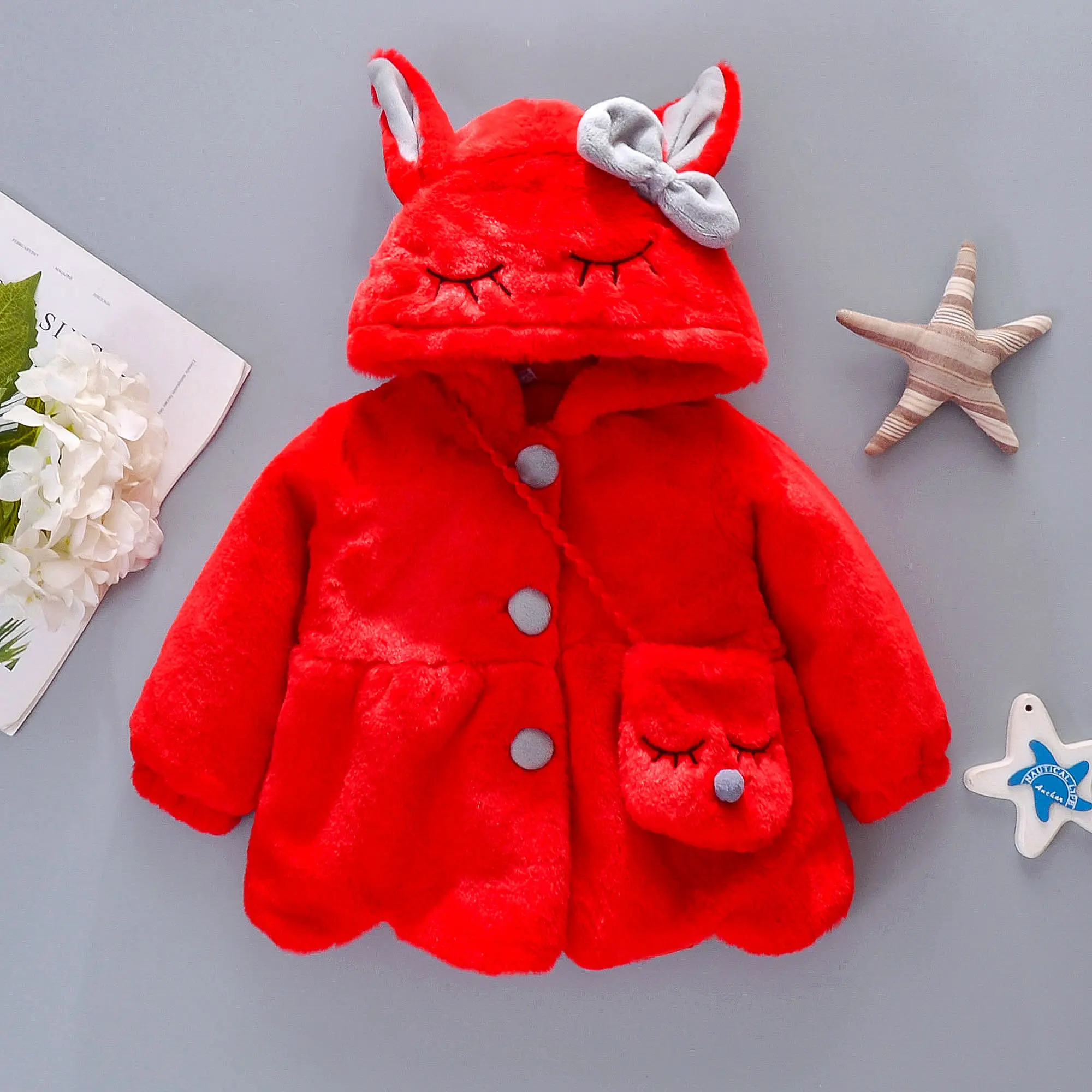 Autumn and Winter New Girls' Wool Sweater Coat Children's Bow Long Ear Hooded Light Winter Yarn Thread Clip Thin Cotton Outwear