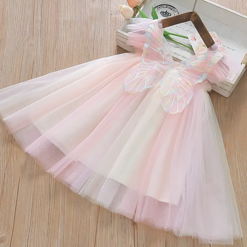 Summer Girls' Dress Baby Girls' Colorful Mesh Butterfly Wings Small Flying Sleeves Suspender Princess Dress