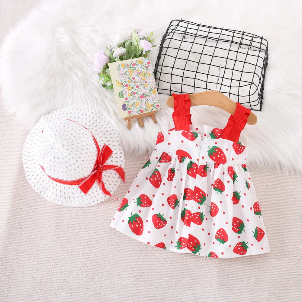 Summer 2/Piece Girls' Dress Hat Baby Girl Pleated Sleeveless Strawberry Print Big Bow Decoration Beach Dress