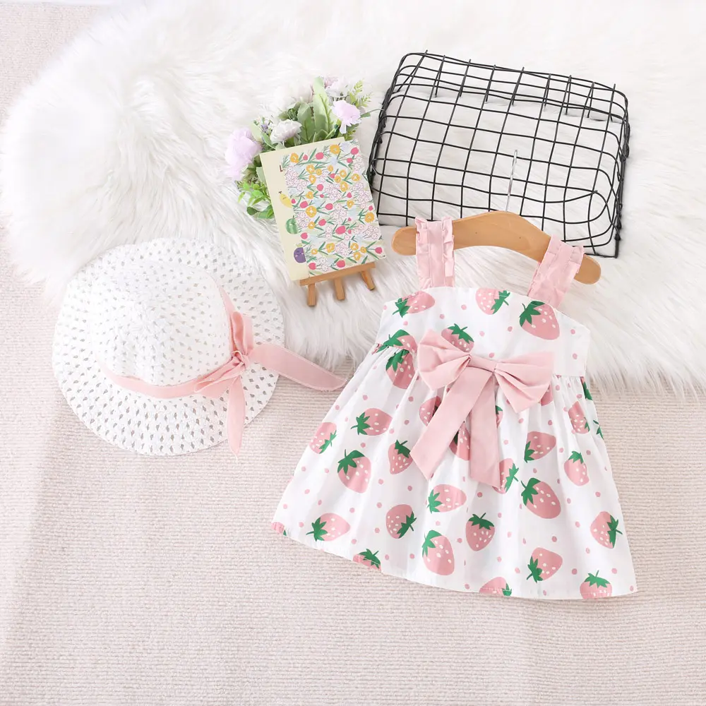 Summer 2/Piece Girls' Dress Hat Baby Girl Pleated Sleeveless Strawberry Print Big Bow Decoration Beach Dress
