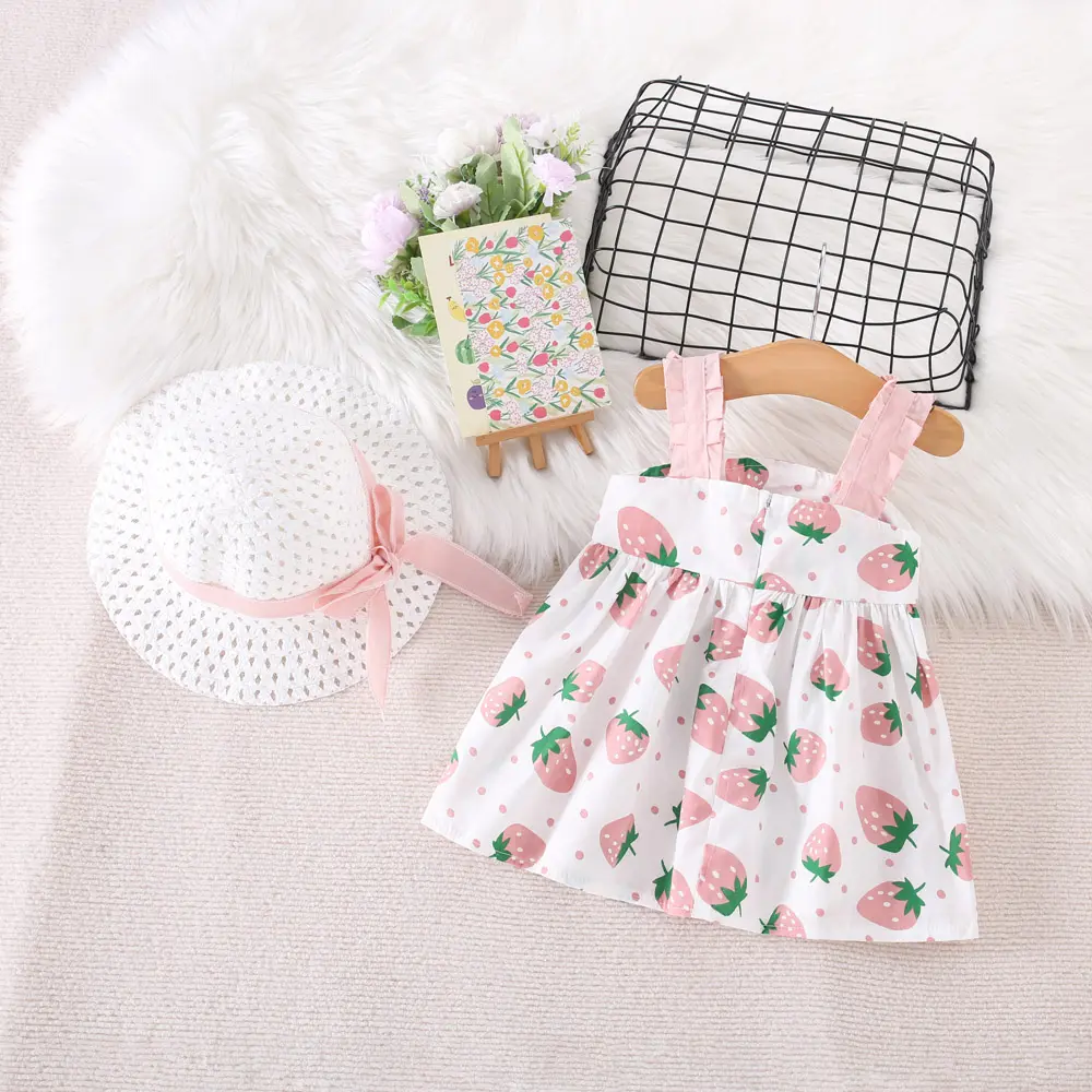 Summer 2/Piece Girls' Dress Hat Baby Girl Pleated Sleeveless Strawberry Print Big Bow Decoration Beach Dress