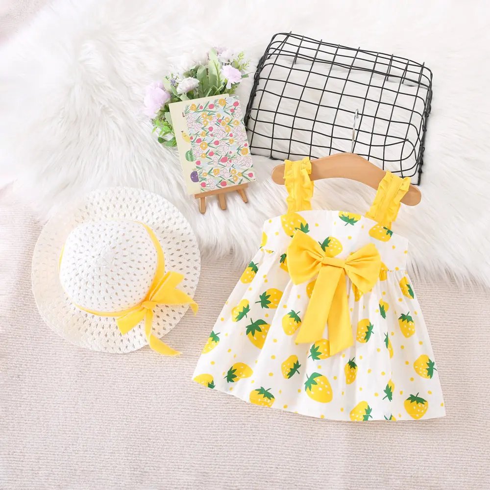 Summer 2/Piece Girls' Dress Hat Baby Girl Pleated Sleeveless Strawberry Print Big Bow Decoration Beach Dress