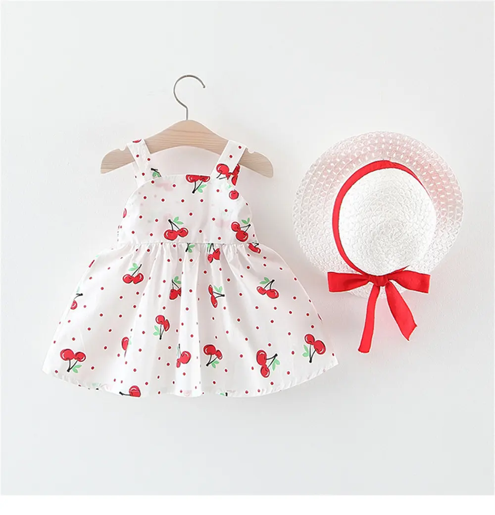Girls' New Sleeveless Dress Children's Back Elastic Small Dot Cherry Print Bow Princess Dress+Hat Two Piece Set