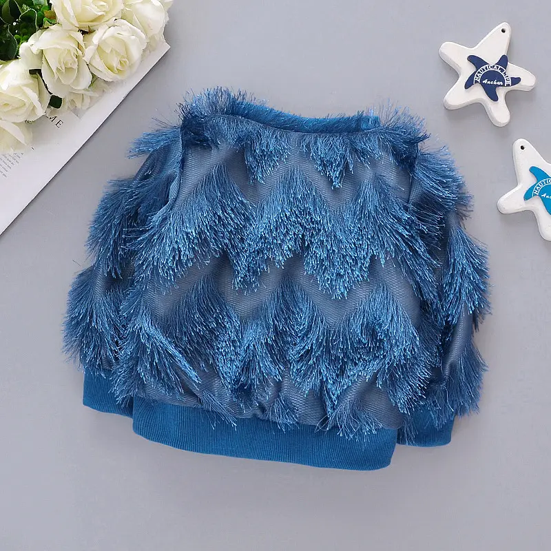 Girls' autumn and winter new plush tassel sweater children's round neck winter outfit thickened out top cute bottom shirt