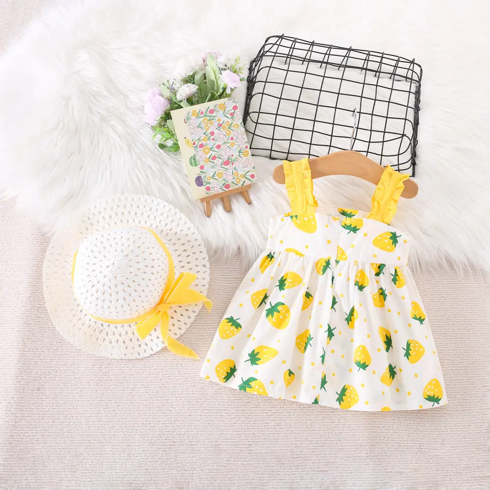 Summer 2/Piece Girls' Dress Hat Baby Girl Pleated Sleeveless Strawberry Print Big Bow Decoration Beach Dress
