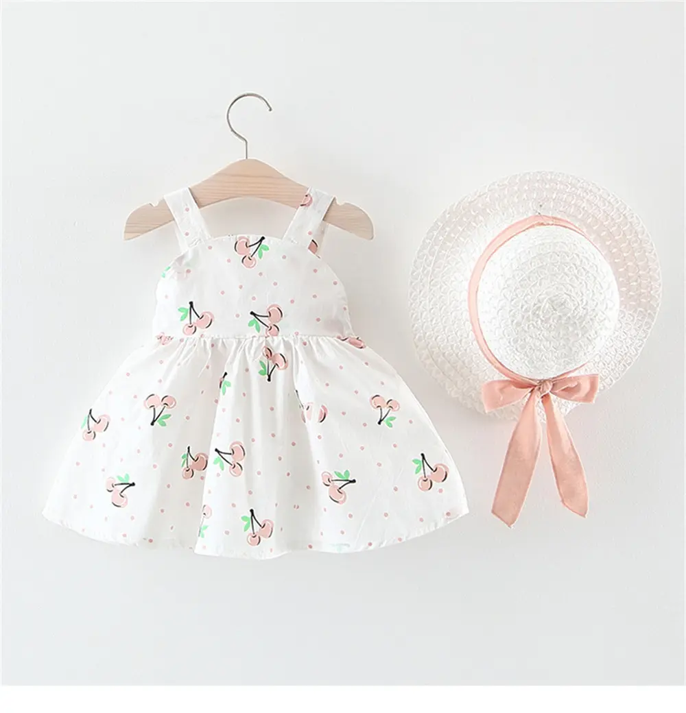 Girls' New Sleeveless Dress Children's Back Elastic Small Dot Cherry Print Bow Princess Dress+Hat Two Piece Set