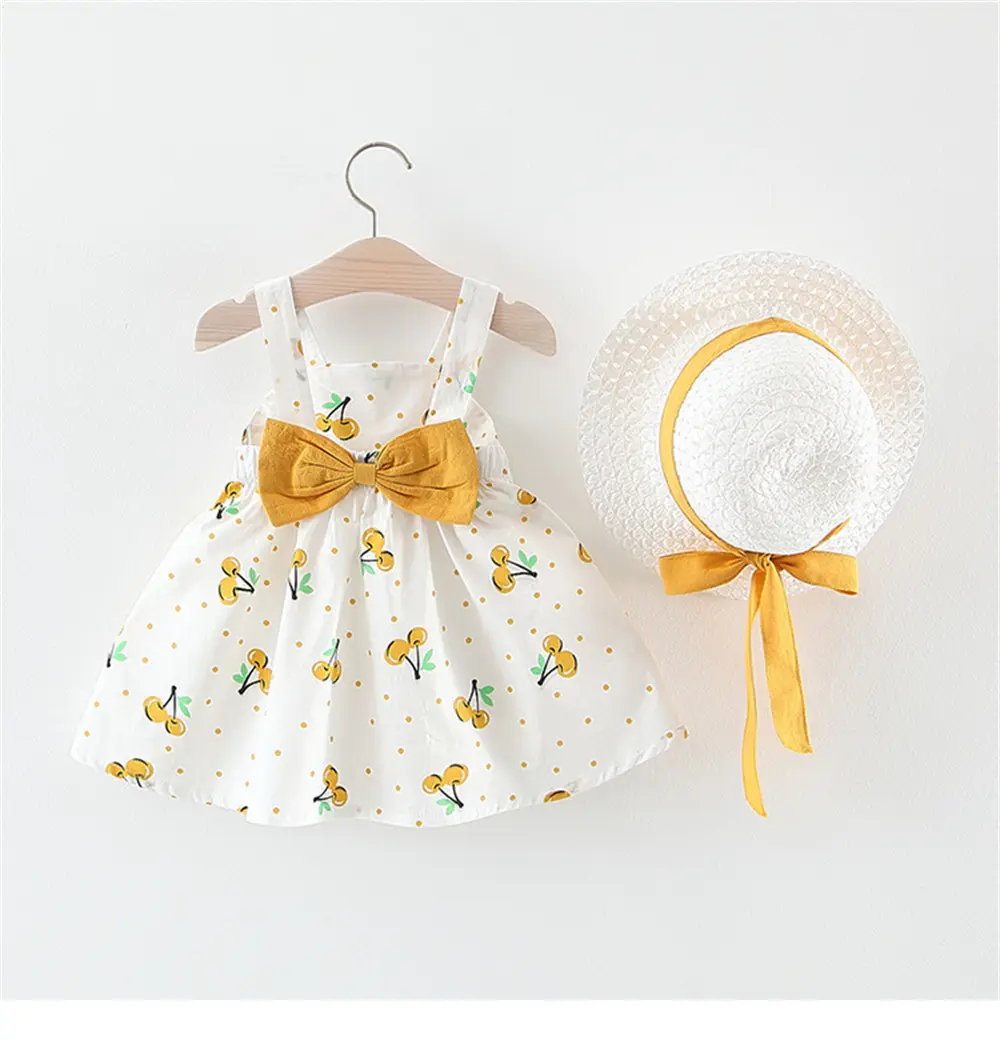 Girls' New Sleeveless Dress Children's Back Elastic Small Dot Cherry Print Bow Princess Dress+Hat Two Piece Set